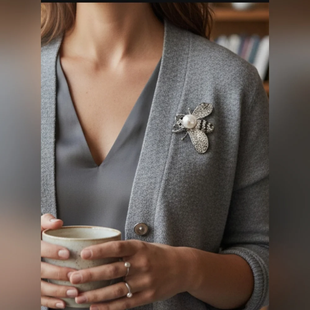 Elegant Silver and Black Bee Brooch With Pearl NIP